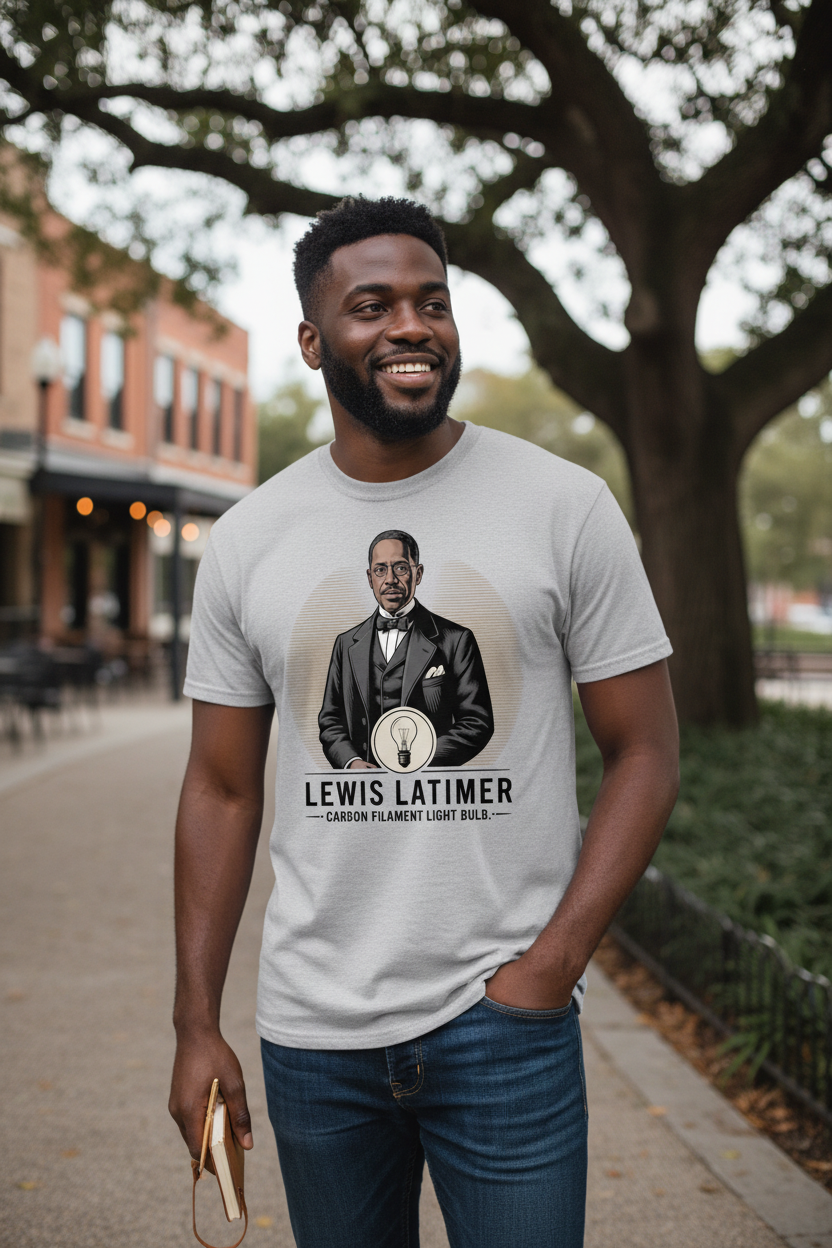 Model wearing Lewis Latimer T-shirt